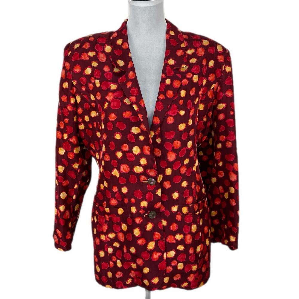 Vintage Silk Blazer - Red Abstract Dot Pattern - Luxe Statement Piece - Size 12